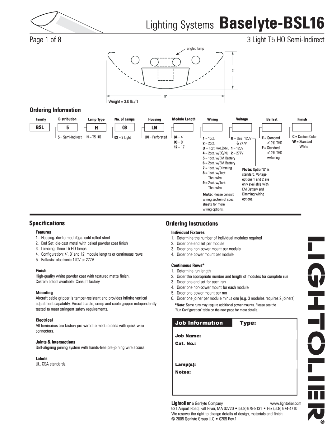 Lightolier Baselyte-BSL16 specifications Page  of, Light T5 HO Semi-Indirect, Ordering Information, Specifications, Type 
