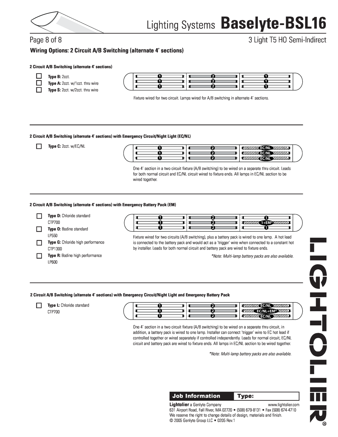Lightolier Baselyte-BSL16 Circuit A/B Switching alternate 4’ sections, Type B 2cct, Type O Bodine standard LP550, Page of 
