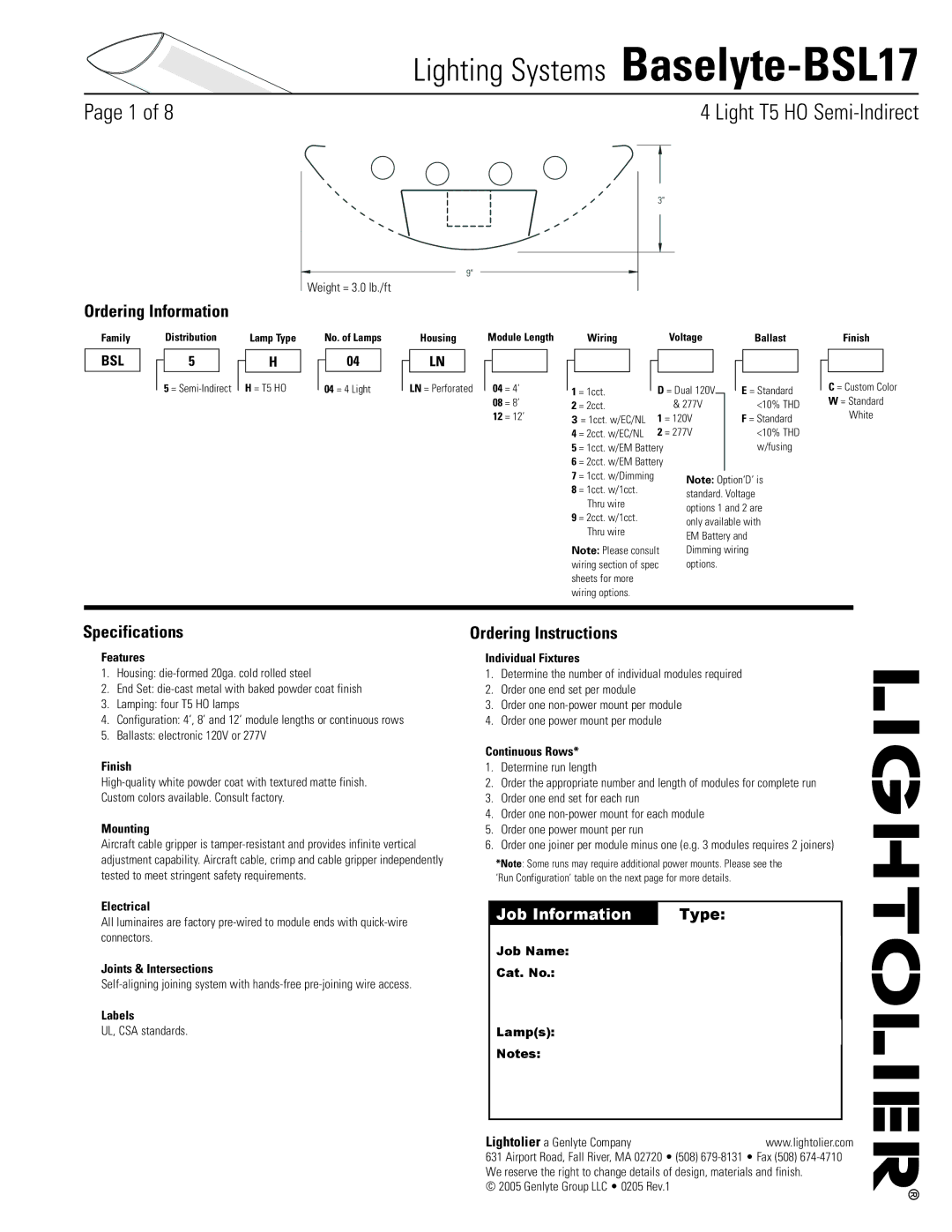 Lightolier Baselyte-BSL17 specifications Ordering Information, Specifications, Ordering Instructions 