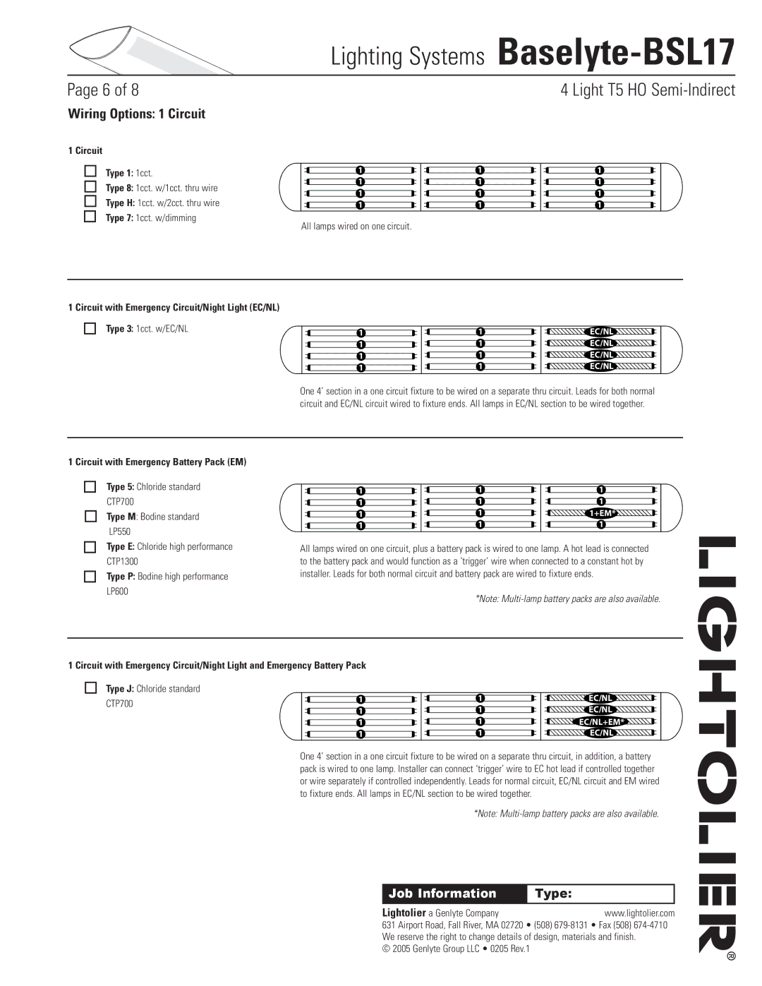 Lightolier Baselyte-BSL17 Wiring Options 1 Circuit, Circuit Type 1 1cct, Circuit with Emergency Battery Pack EM 