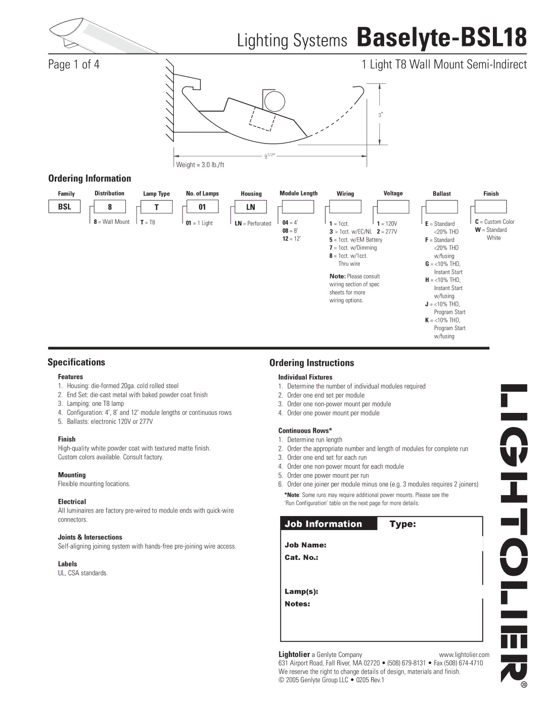 Lightolier Baselyte-BSL18 specifications Specifications, Ordering Instructions 