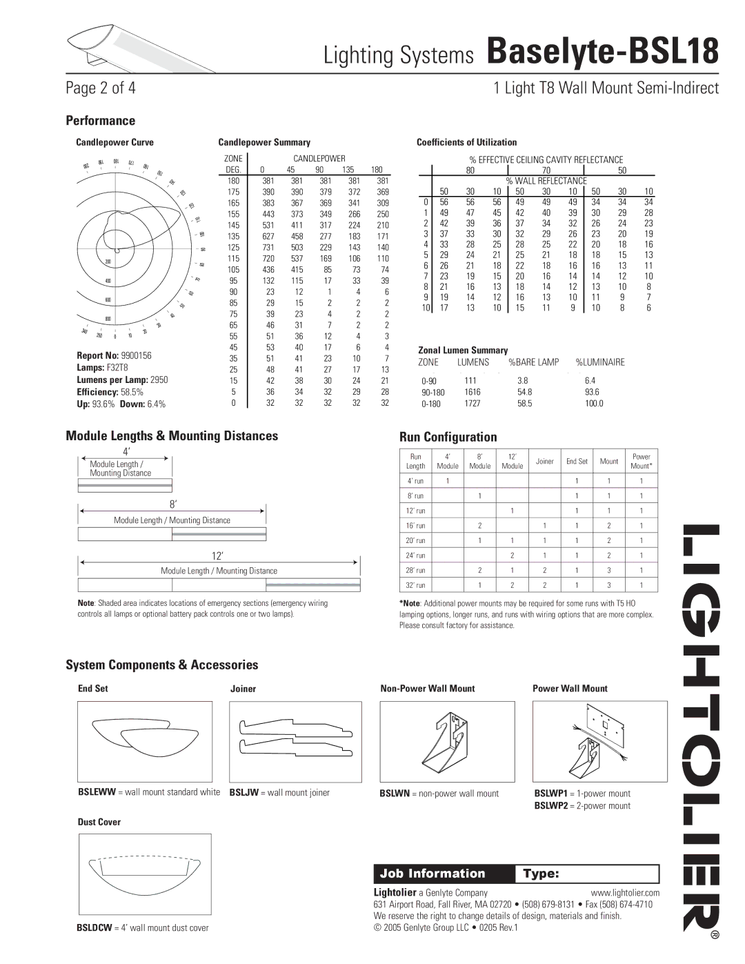 Lightolier Baselyte-BSL18 specifications Performance, Module Lengths & Mounting Distances, Run Configuration 