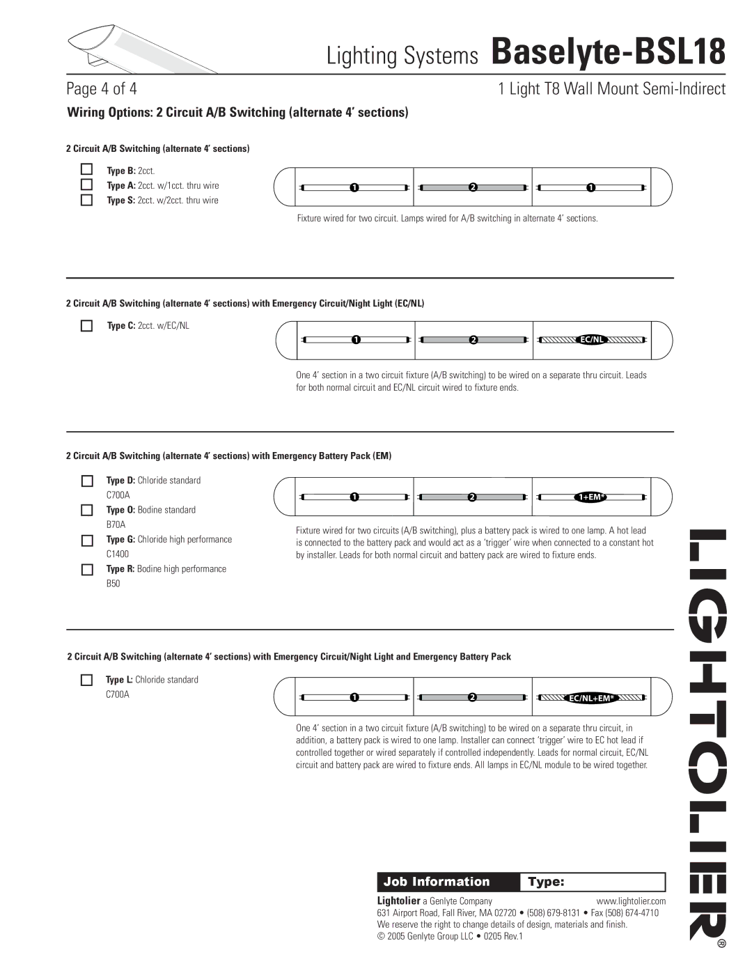 Lightolier Baselyte-BSL18 specifications Circuit A/B Switching alternate 4’ sections Type B 2cct, Type C 2cct. w/EC/NL 