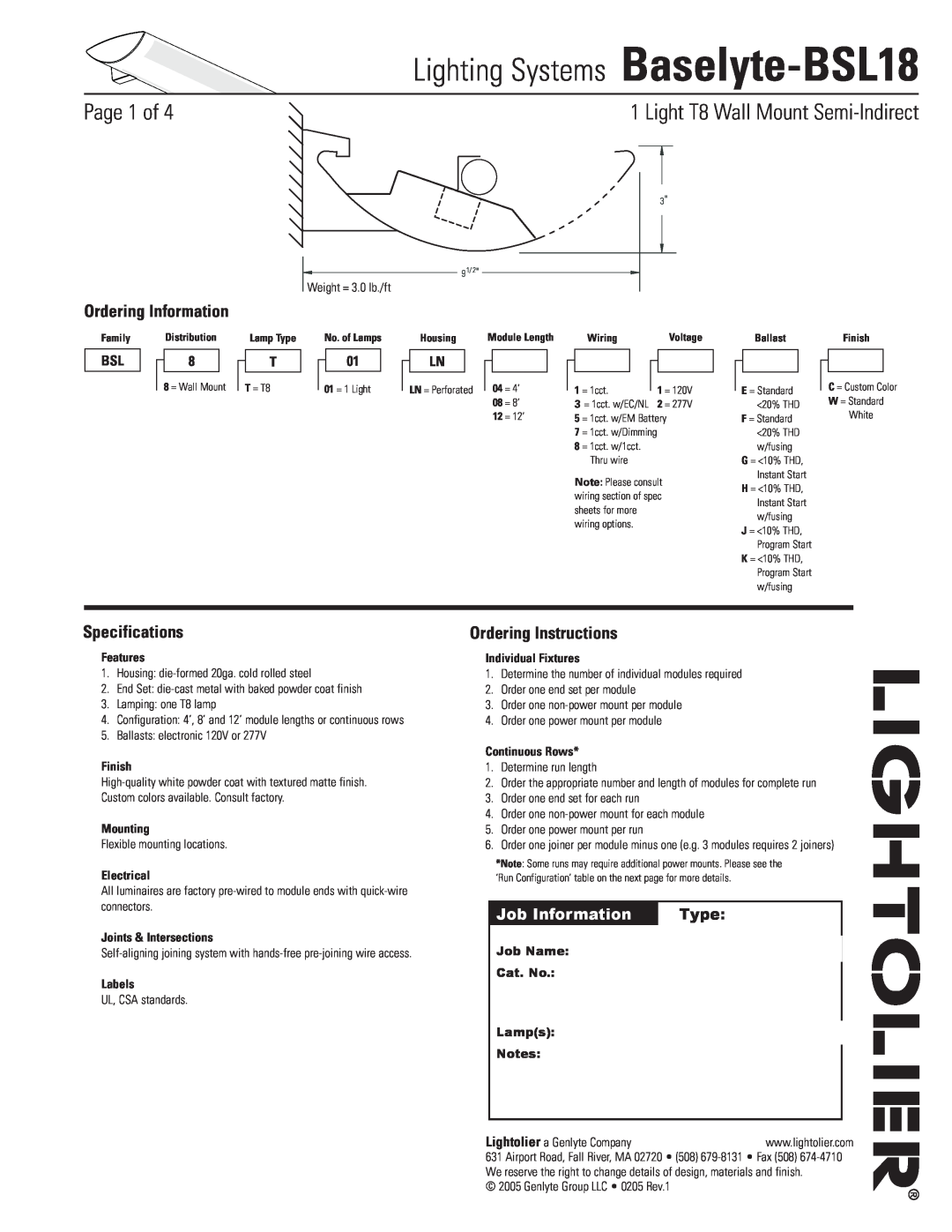 Lightolier specifications Lighting Systems Baselyte-BSL18, Page  of, Light T8 Wall Mount Semi-Indirect, Type, Finish 