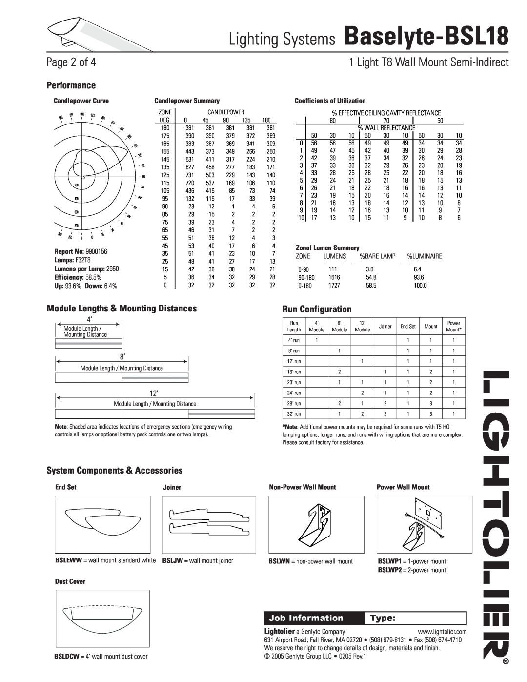 Lightolier Baselyte-BSL18 Page of,  Light T8 Wall Mount Semi-Indirect, Performance, Module Lengths & Mounting Distances 
