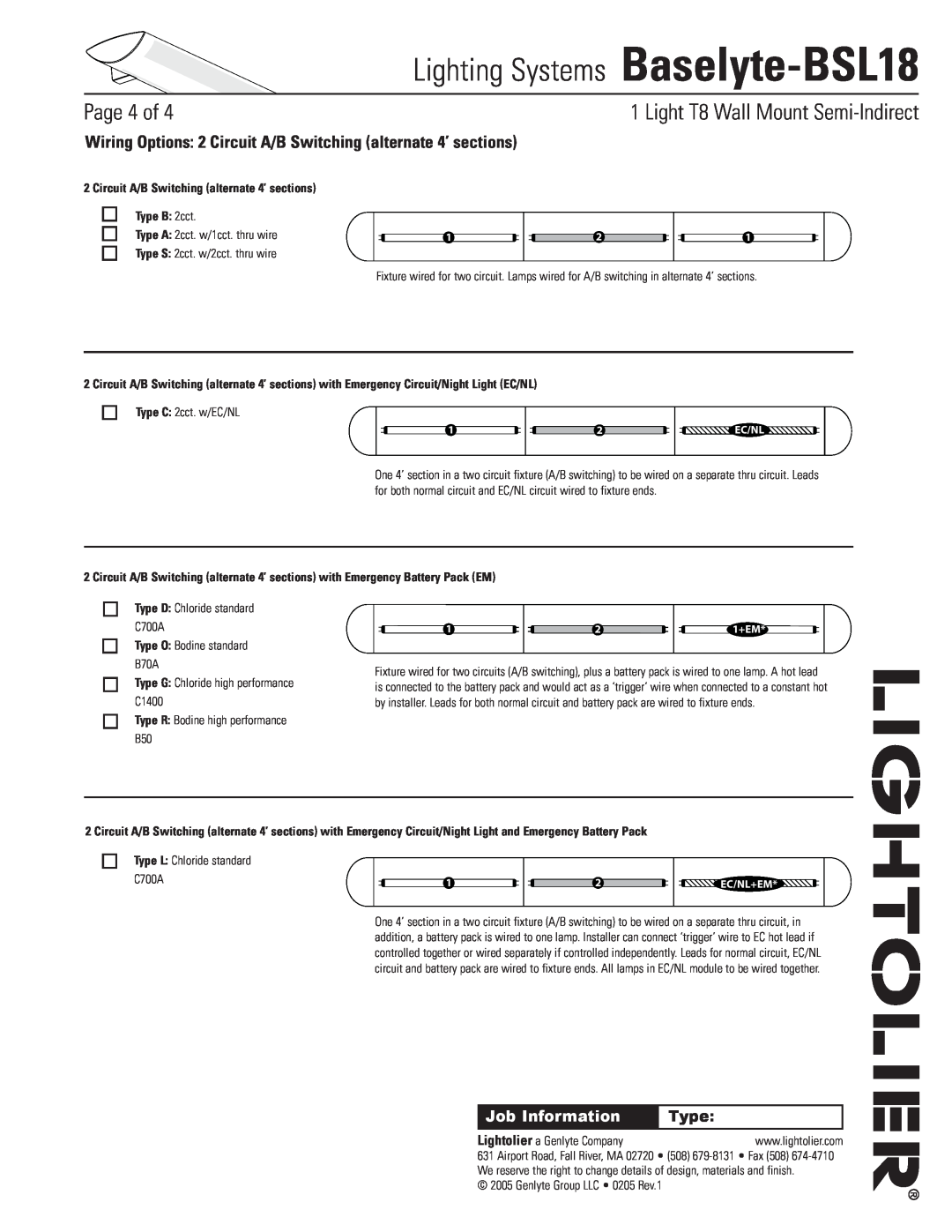 Lightolier Baselyte-BSL18 Circuit A/B Switching alternate 4’ sections, Type B 2cct, Type O Bodine standard B70A, Page of 