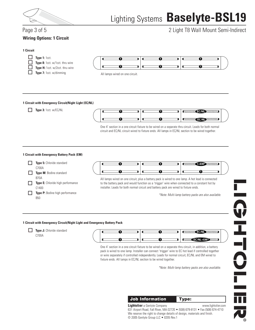 Lightolier Baselyte-BSL19 Wiring Options 1 Circuit, Circuit Type 1 1cct, Circuit with Emergency Battery Pack EM 