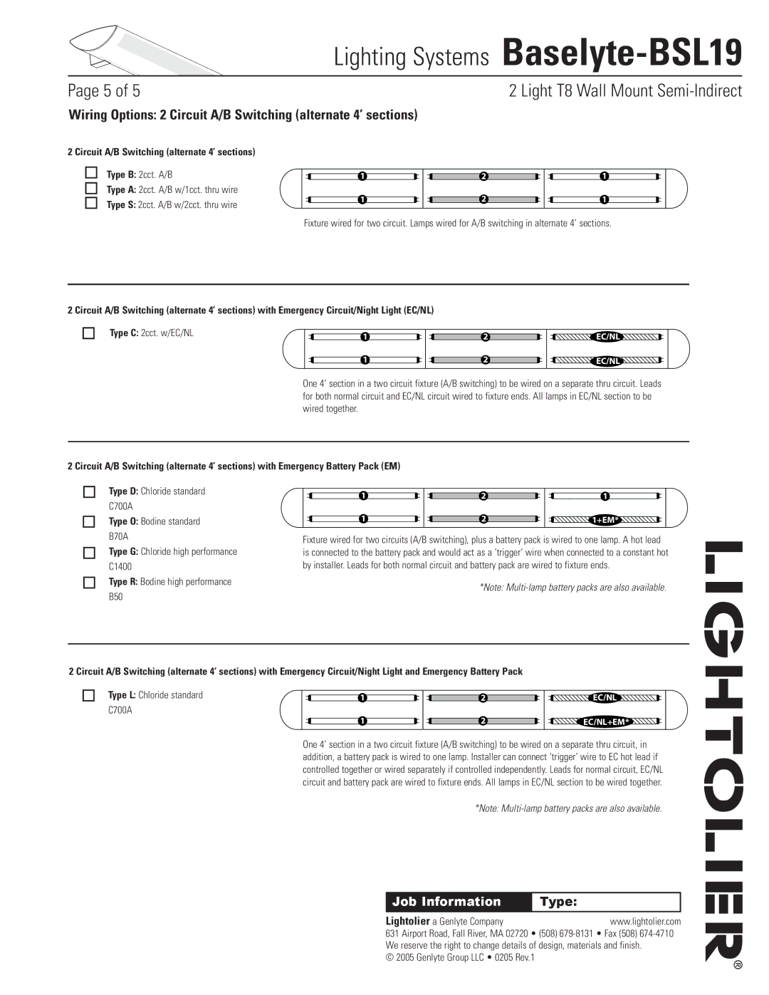 Lightolier Baselyte-BSL19 specifications Circuit A/B Switching alternate 4’ sections, Type D Chloride standard C700A 