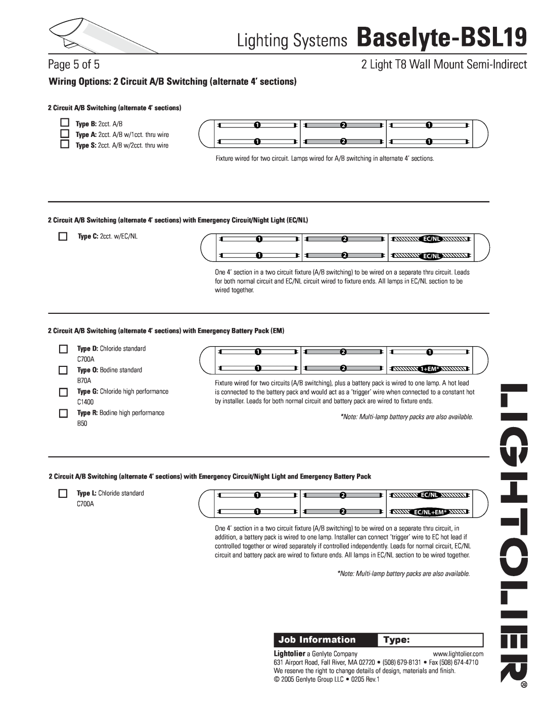 Lightolier Baselyte-BSL19 specifications Circuit A/B Switching alternate 4’ sections, Type O Bodine standard B70A, Page of 