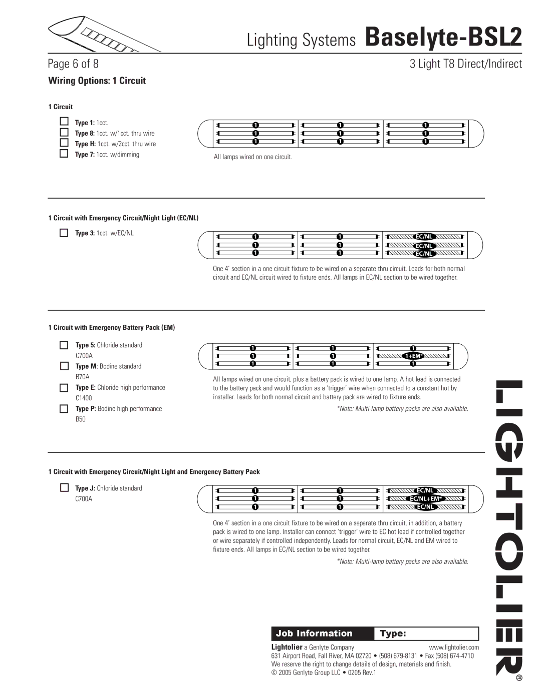 Lightolier Baselyte-BSL2 Wiring Options 1 Circuit, Circuit Type 1 1cct, Circuit with Emergency Battery Pack EM 