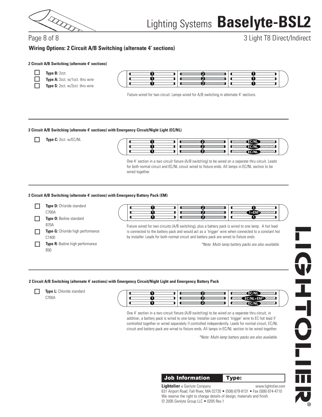 Lightolier Baselyte-BSL2 specifications Circuit A/B Switching alternate 4’ sections Type B 2cct, Type C 2cct. w/EC/NL 