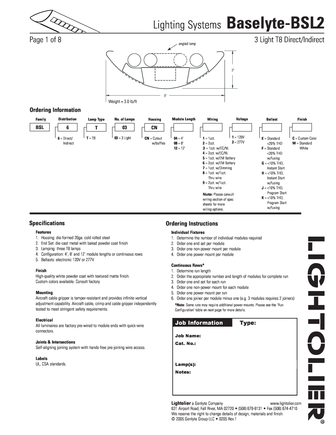 Lightolier specifications Lighting Systems Baselyte-BSL2, Page of, Light T8 Direct/Indirect, Ordering Information, Type 