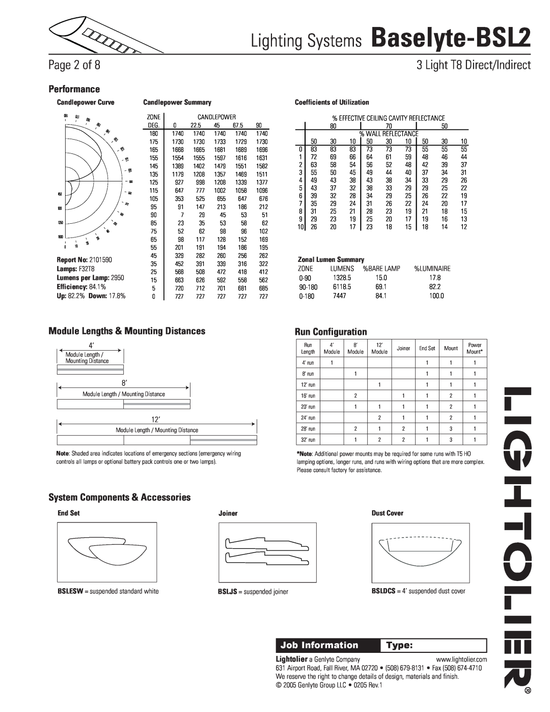 Lightolier Baselyte-BSL2 Light T8 Direct/Indirect, Performance, Module Lengths & Mounting Distances, Run Configuration 