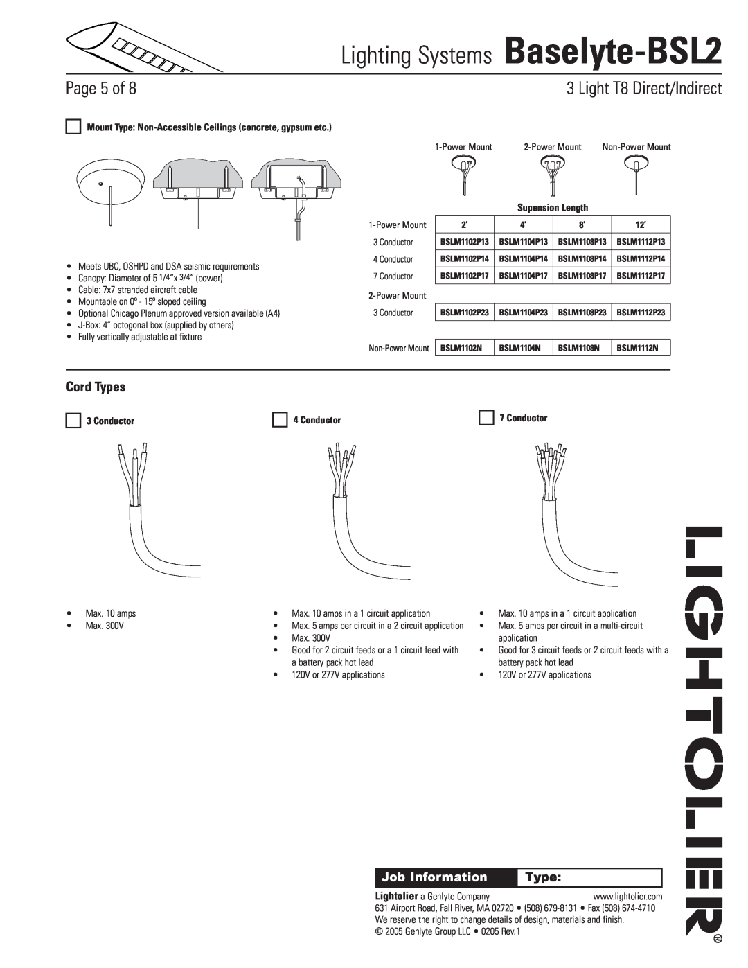 Lightolier Cord Types, Conductor, Lighting Systems Baselyte-BSL2, Page of, Light T8 Direct/Indirect, Job Information 