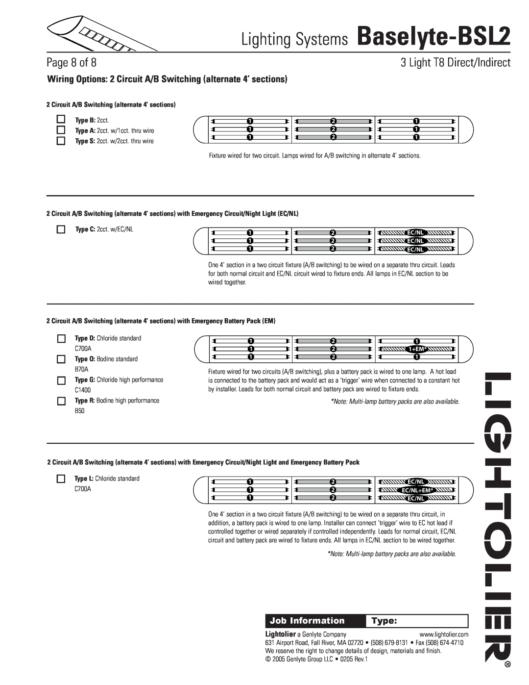 Lightolier Baselyte-BSL2 Circuit A/B Switching alternate 4’ sections, Type B 2cct, Type O Bodine standard B70A, Page of 