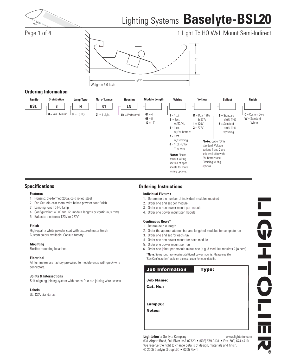 Lightolier Baselyte-BSL20 specifications Ordering Information, Specifications, Ordering Instructions 