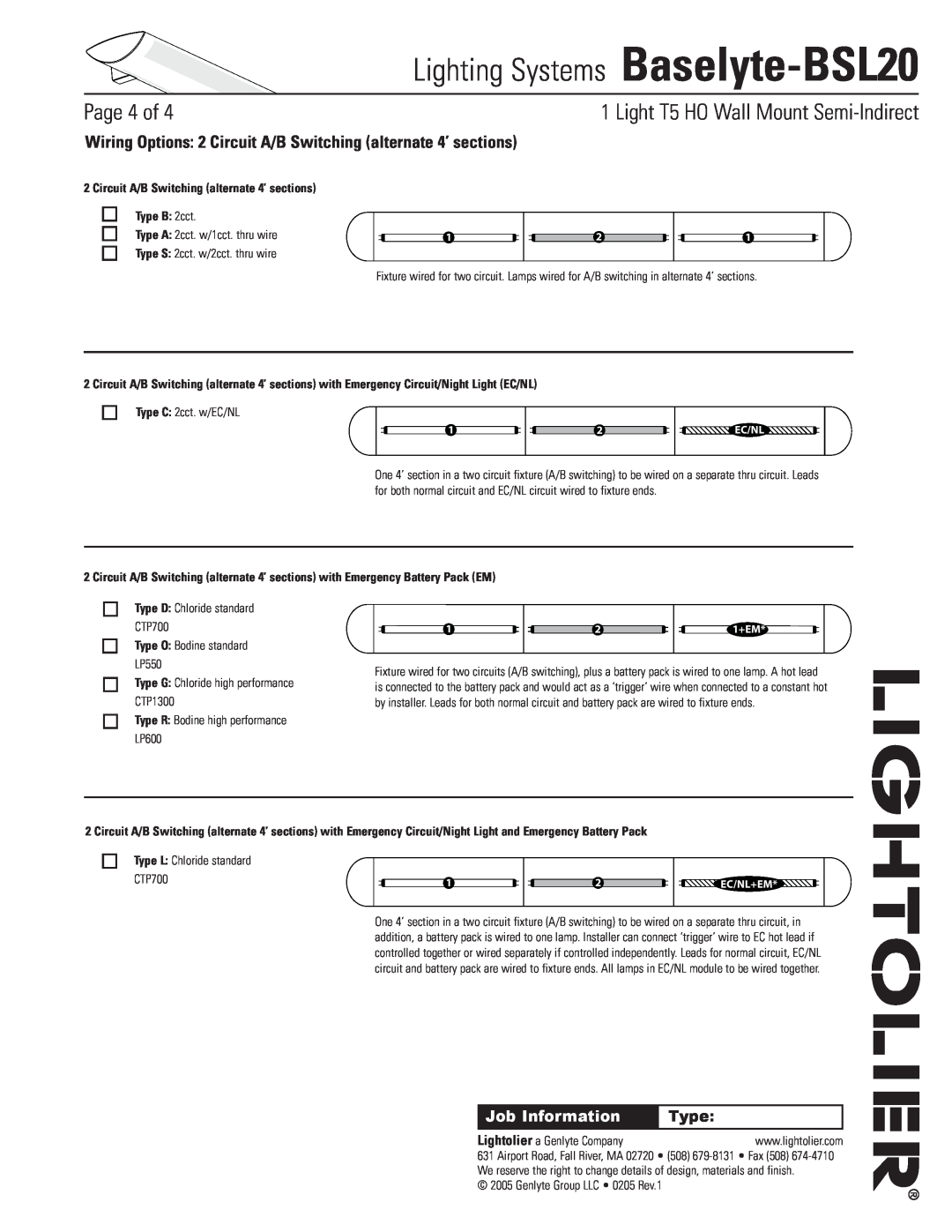 Lightolier Baselyte-BSL20 Circuit A/B Switching alternate 4’ sections, Type B 2cct, Type O Bodine standard LP550, Page of 