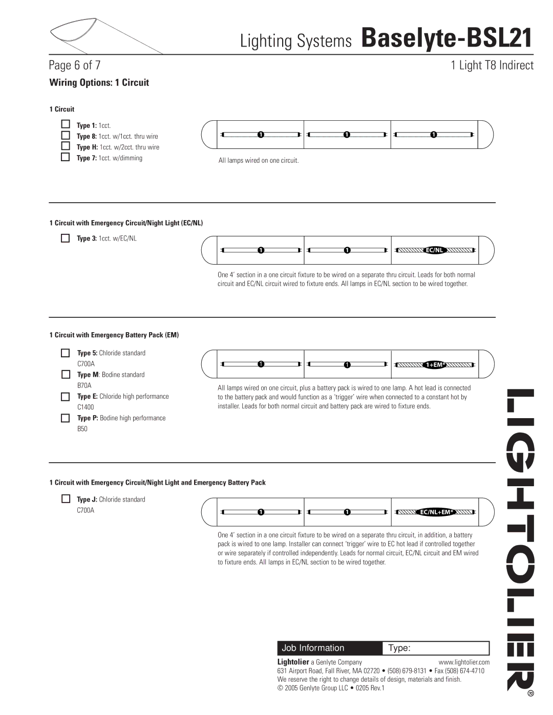 Lightolier Baselyte-BSL21 Wiring Options 1 Circuit, Circuit Type 1 1cct, Circuit with Emergency Battery Pack EM 