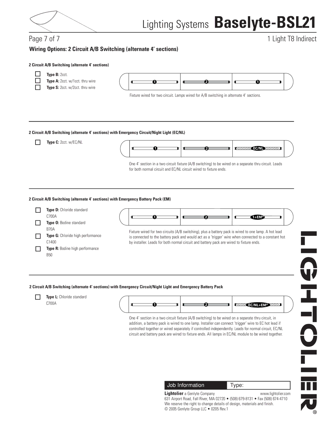 Lightolier Baselyte-BSL21 specifications Circuit A/B Switching alternate 4’ sections Type B 2cct, Type C 2cct. w/EC/NL 