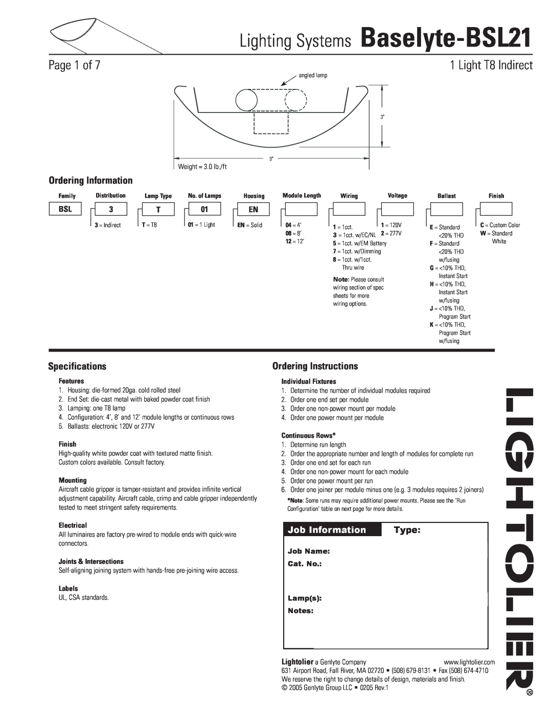 Lightolier specifications Lighting Systems Baselyte-BSL21, Page  of,  Light T8 Indirect, Ordering Information, Type 