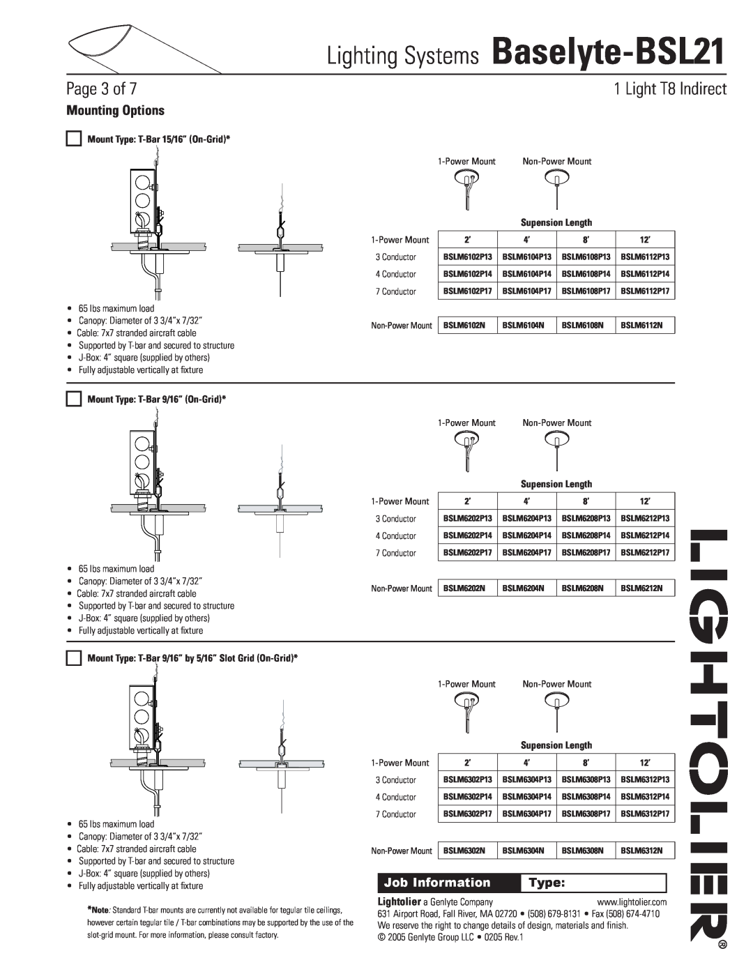 Lightolier Baselyte-BSL21 Mounting Options, Mount Type T-Bar15/16” On-Grid, Supension Length, Page of,  Light T8 Indirect 