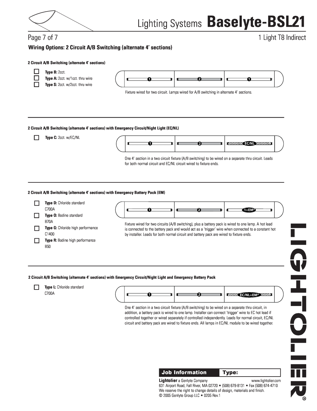 Lightolier Baselyte-BSL21 Circuit A/B Switching alternate 4’ sections, Type B 2cct, Type O Bodine standard B70A, Page of 