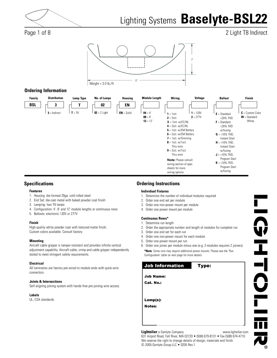 Lightolier Baselyte-BSL22 specifications Ordering Information, Specifications, Ordering Instructions 