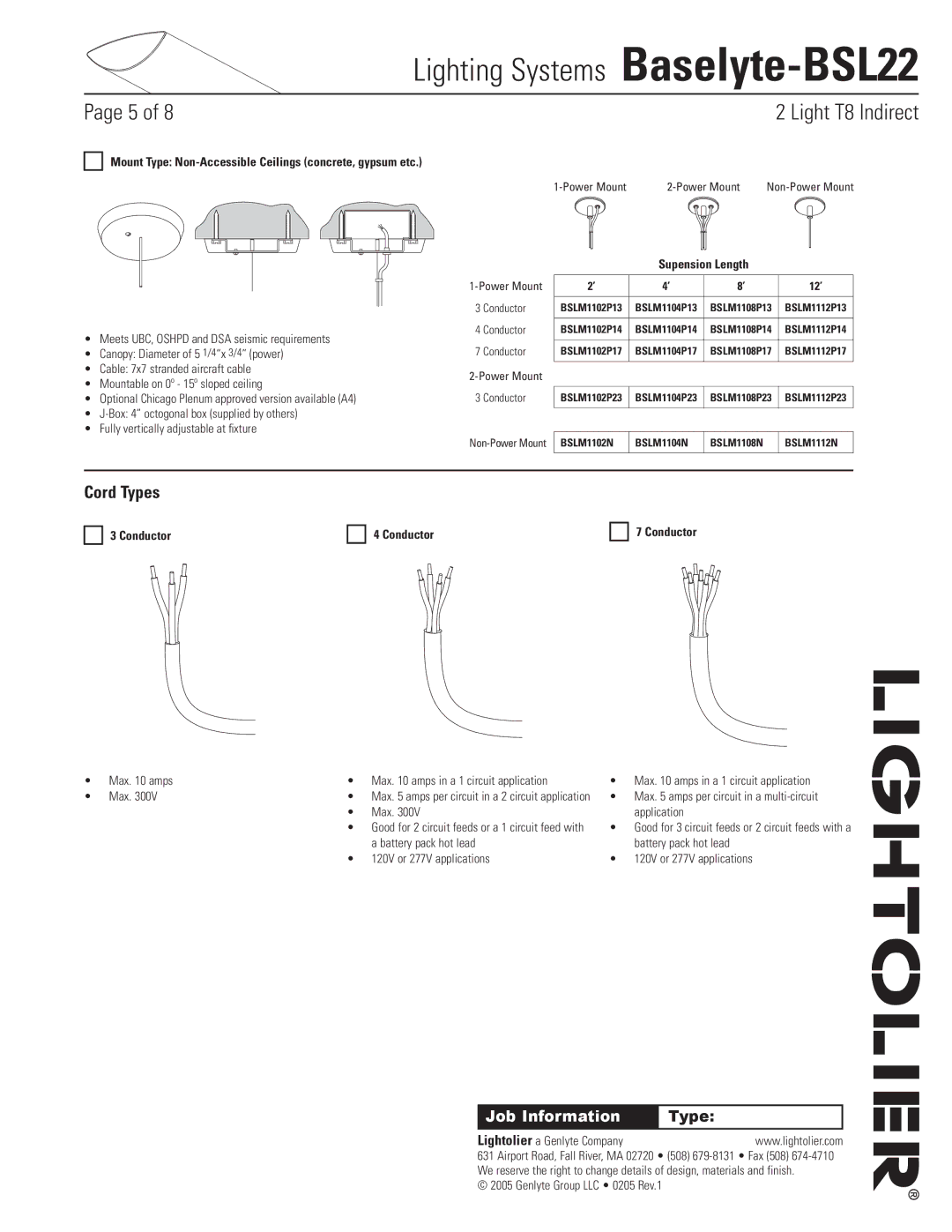 Lightolier Baselyte-BSL22 specifications Cord Types, Mount Type Non-Accessible Ceilings concrete, gypsum etc, Conductor 