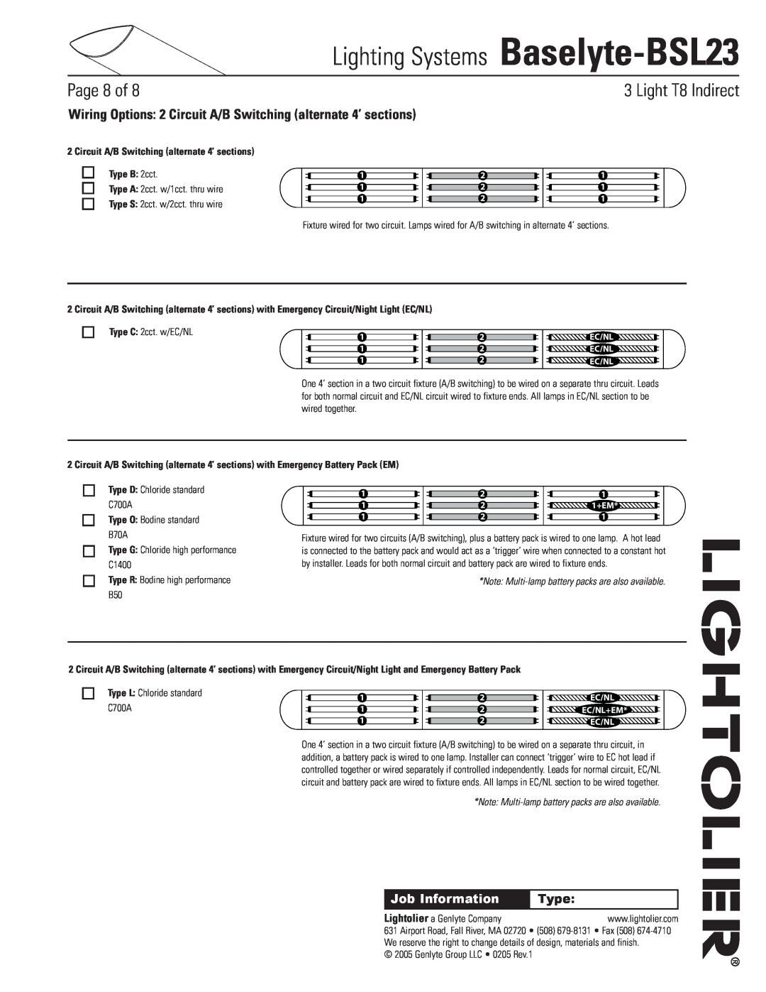 Lightolier Baselyte-BSL23 Circuit A/B Switching alternate 4’ sections, Type B 2cct, Type O Bodine standard B70A, Page of 