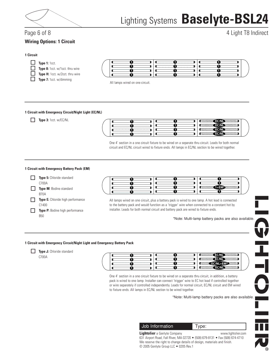 Lightolier Baselyte-BSL24 Wiring Options 1 Circuit, Circuit Type 1 1cct, Circuit with Emergency Battery Pack EM 