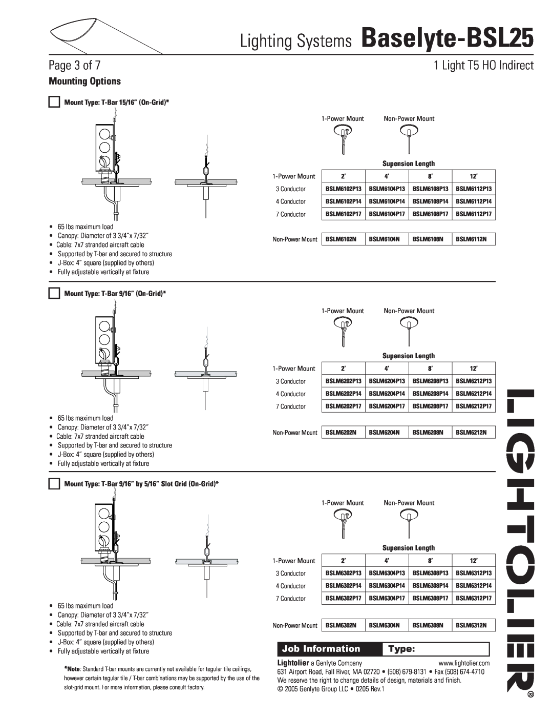 Lightolier Baselyte-BSL25 Mounting Options, Mount Type T-Bar15/16” On-Grid, Supension Length, Page of, Job Information 