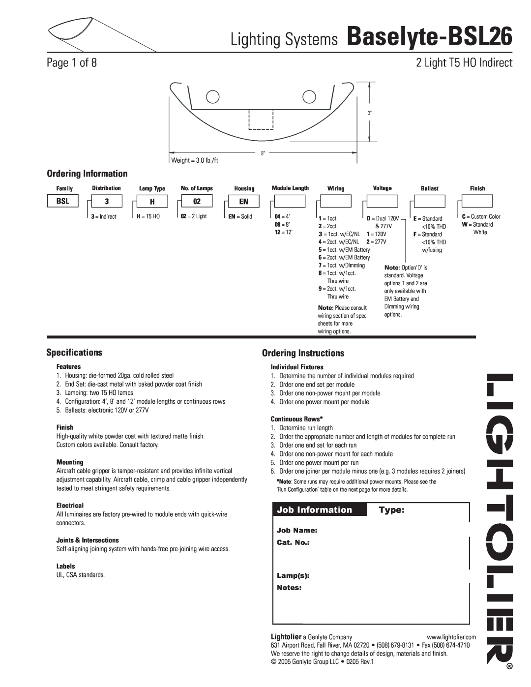 Lightolier specifications Lighting Systems Baselyte-BSL26, Page  of, Light T5 HO Indirect, Ordering Information, Type 