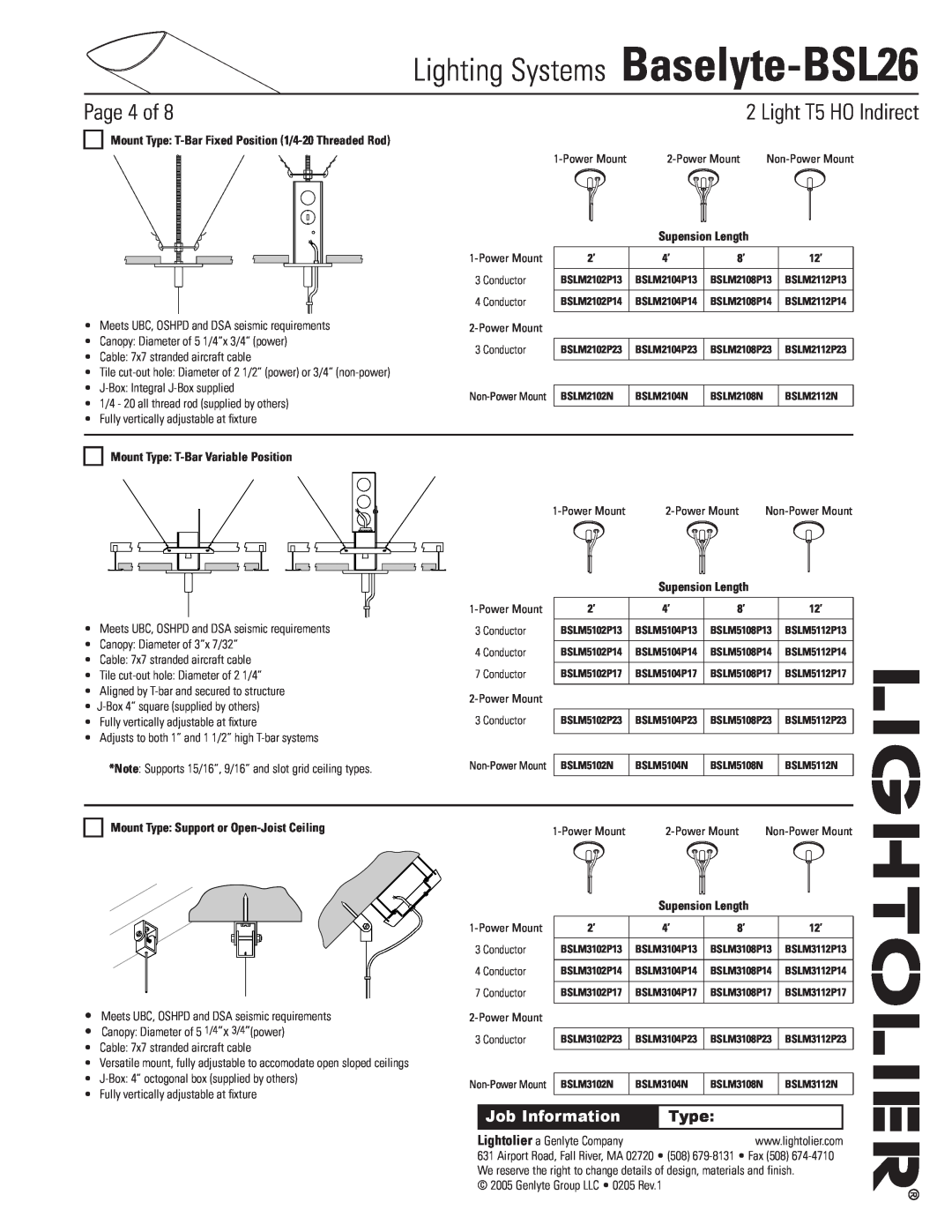 Lightolier Baselyte-BSL26 Page of, Mount Type: T-BarVariable Position, Mount Type Support or Open-JoistCeiling 