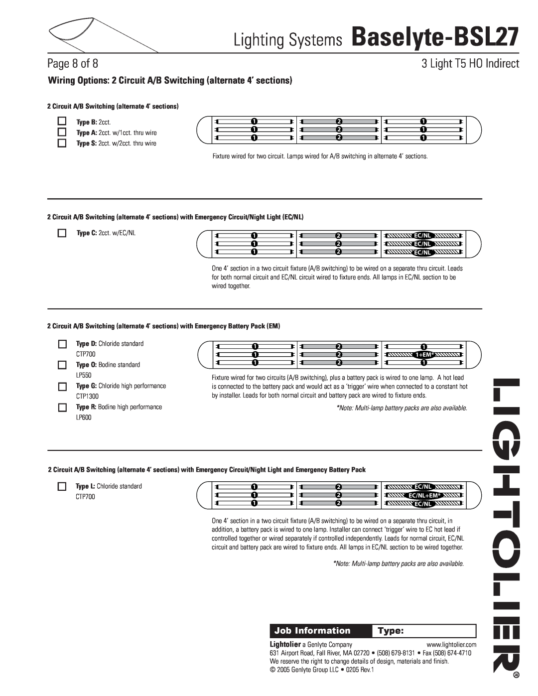 Lightolier Baselyte-BSL27 Circuit A/B Switching alternate 4’ sections, Type B 2cct, Type O Bodine standard LP550, Page of 