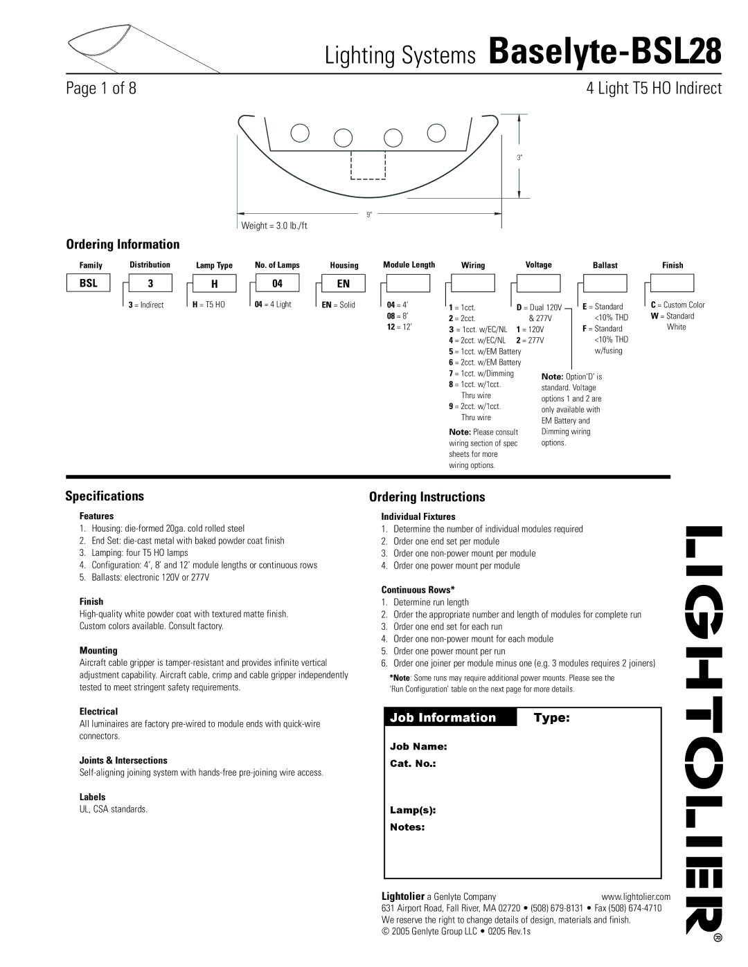 Lightolier Baselyte-BSL28 specifications Ordering Information, Specifications, Ordering Instructions 