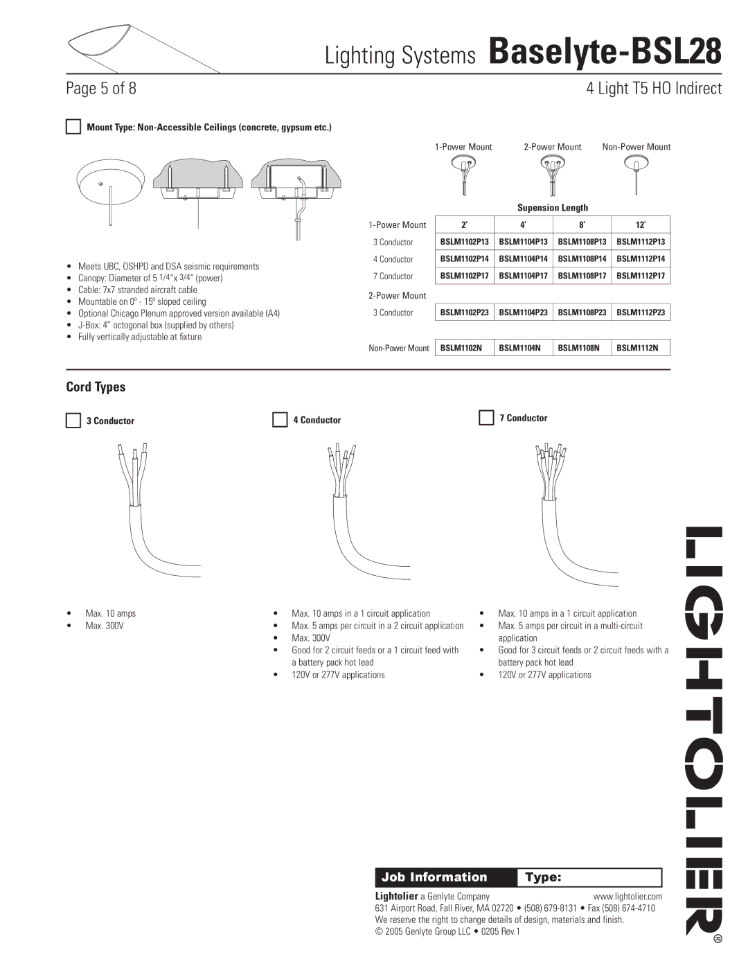 Lightolier Baselyte-BSL28 specifications Cord Types, Mount Type Non-Accessible Ceilings concrete, gypsum etc, Conductor 