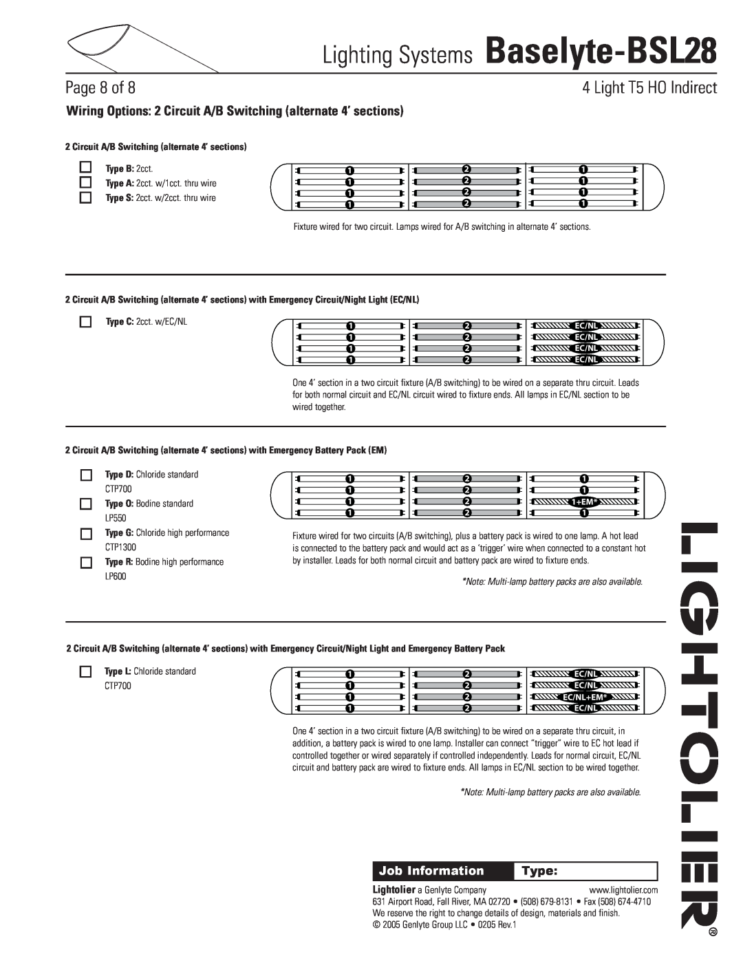 Lightolier Baselyte-BSL28 Circuit A/B Switching alternate 4’ sections, Type B 2cct, Type O Bodine standard LP550, Page of 