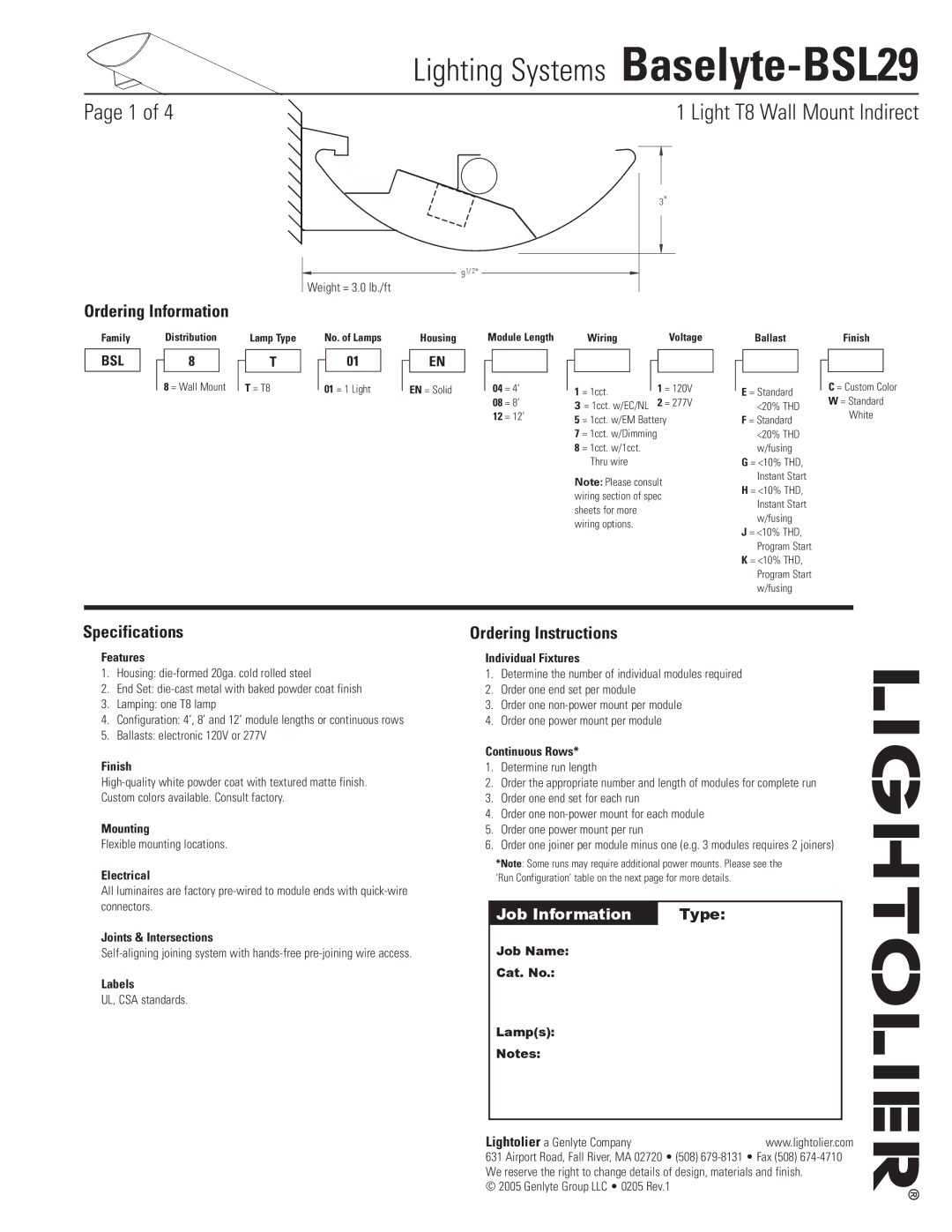 Lightolier Baselyte-BSL29 specifications Specifications, Ordering Instructions 