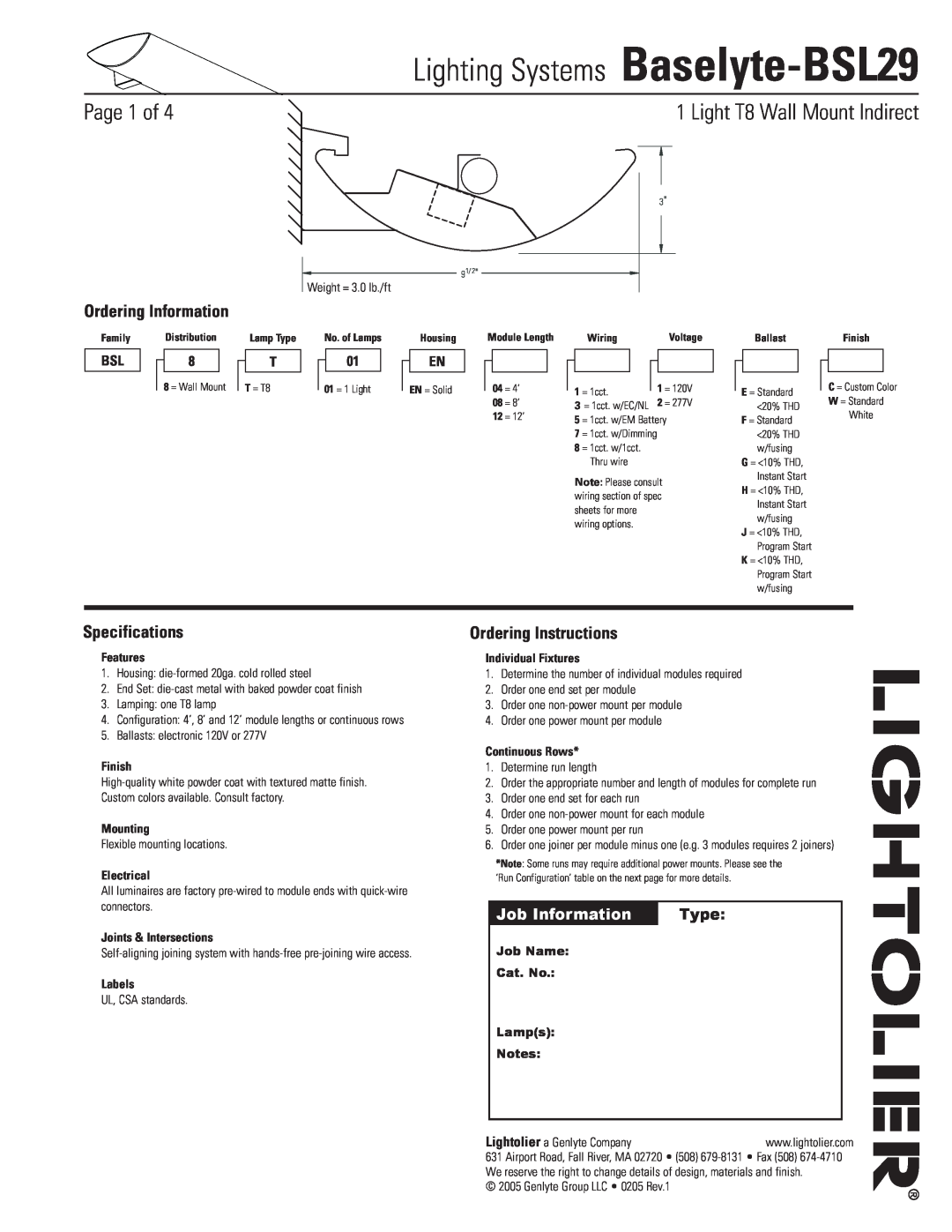 Lightolier specifications Lighting Systems Baselyte-BSL29, Page  of, Specifications, Ordering Instructions, Type 