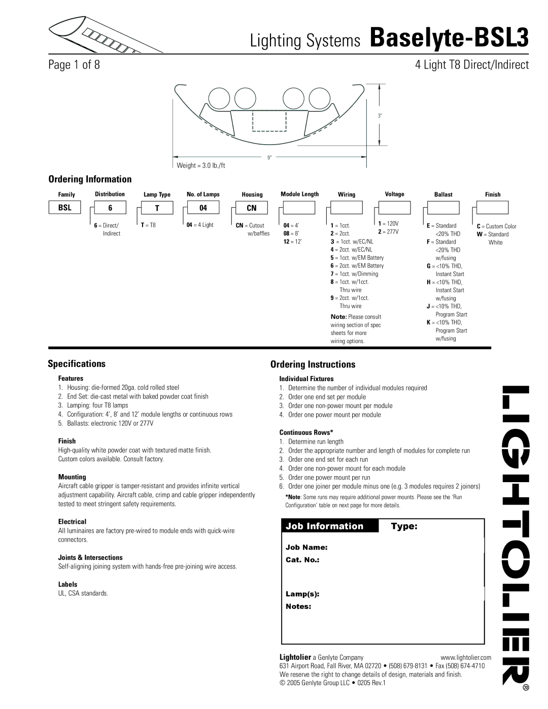 Lightolier Baselyte-BSL3 specifications Ordering Information, Specifications, Ordering Instructions 