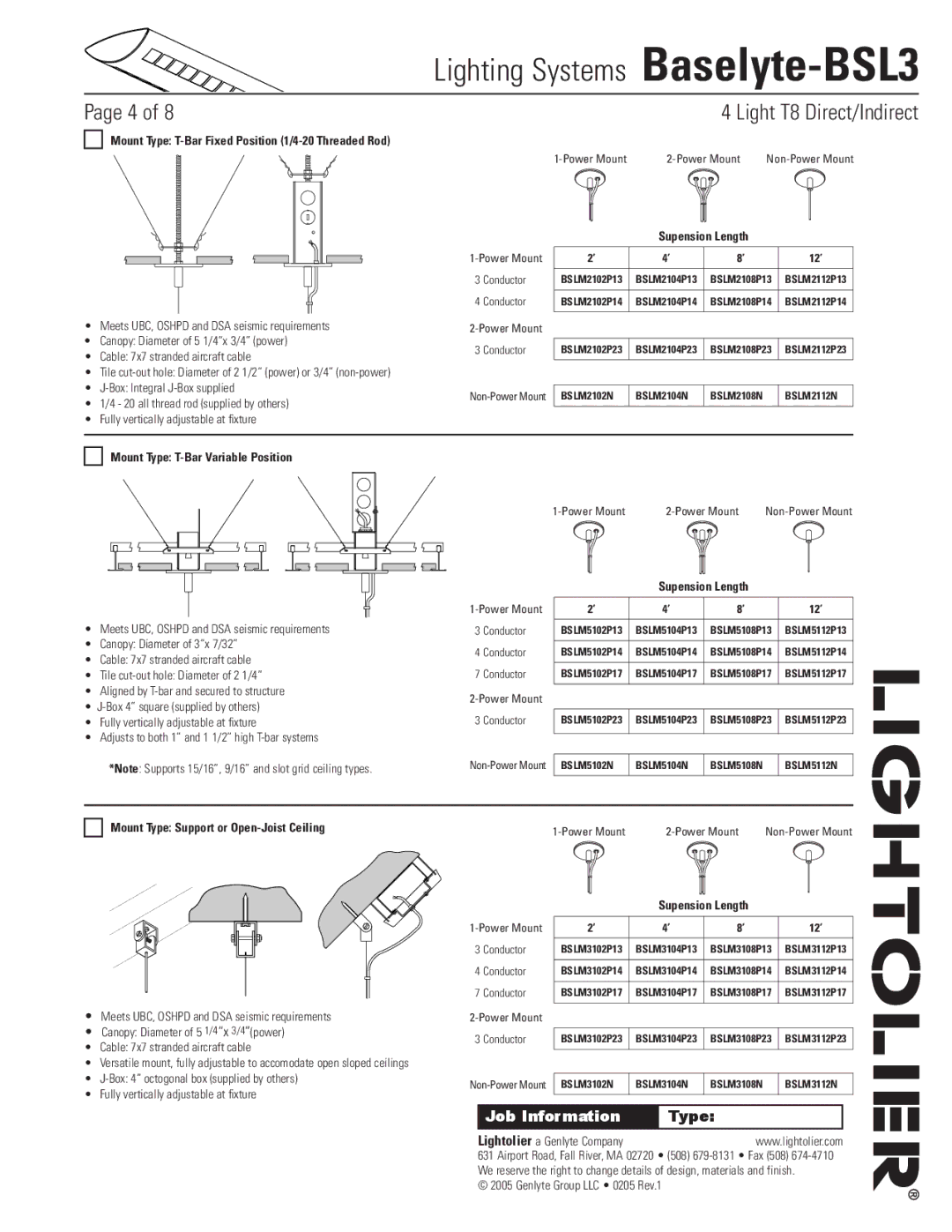 Lightolier Baselyte-BSL3 Mount Type T-Bar Fixed Position 1/4-20 Threaded Rod, Mount Type T-Bar Variable Position 