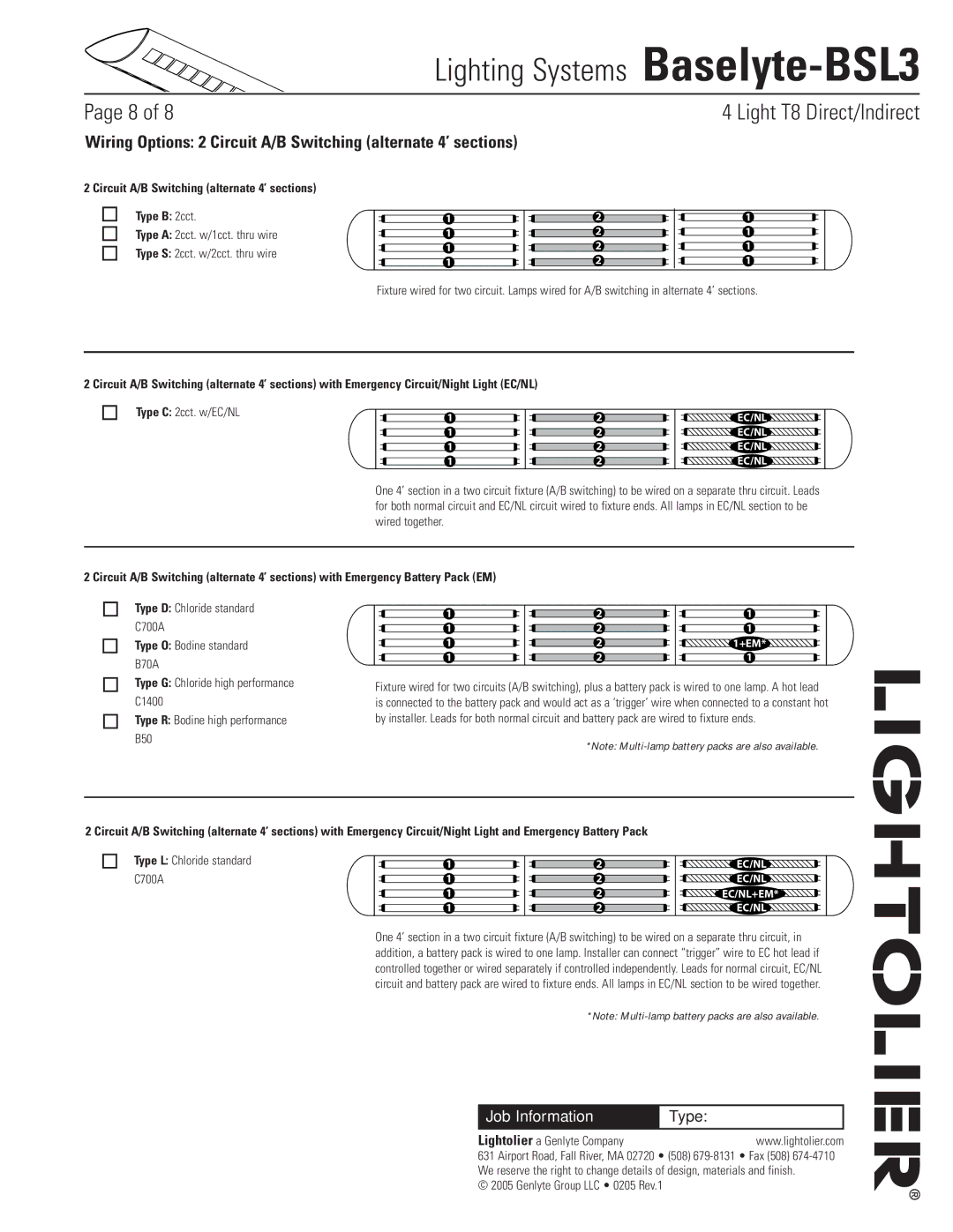 Lightolier Baselyte-BSL3 Circuit A/B Switching alternate 4’ sections Type B 2cct, Type D Chloride standard C700A,  % 