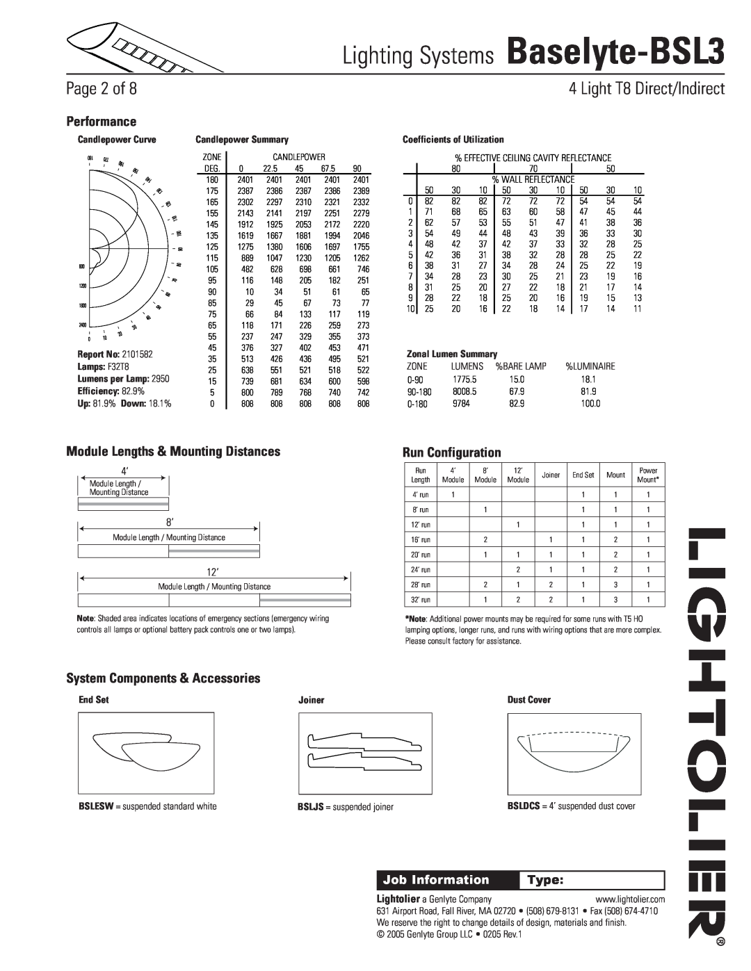 Lightolier Lighting Systems Baselyte-BSL3, Page of, Performance, Module Lengths & Mounting Distances, Run Configuration 
