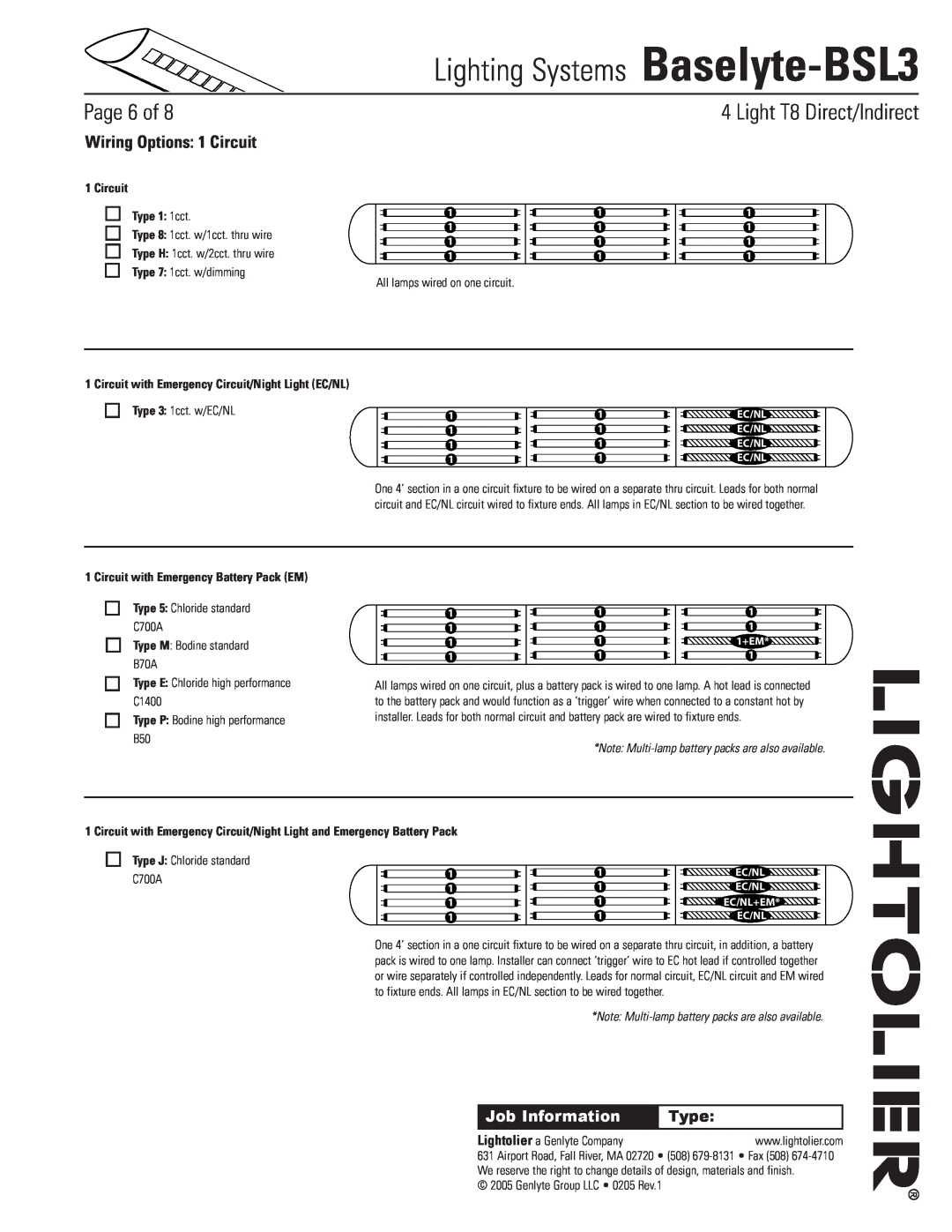Lightolier Baselyte-BSL3 Wiring Options 1 Circuit, Circuit Type 1 1cct, Circuit with Emergency Battery Pack EM, Page of 