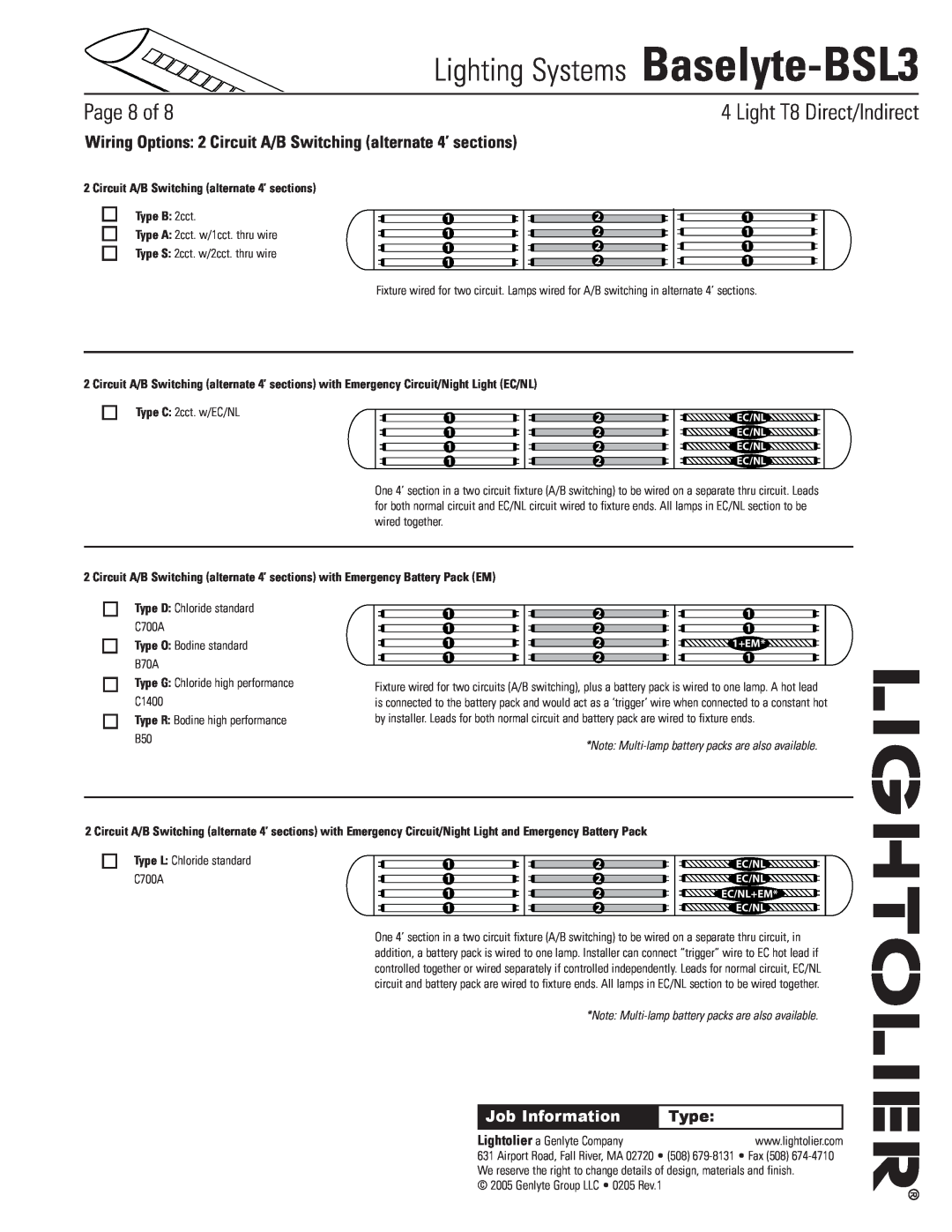 Lightolier Baselyte-BSL3 Circuit A/B Switching alternate 4’ sections, Type B 2cct, Type O Bodine standard B70A, Page of 