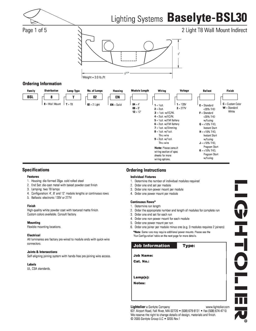 Lightolier specifications Lighting Systems Baselyte-BSL30, Page  of, Light T8 Wall Mount Indirect, Specifications 