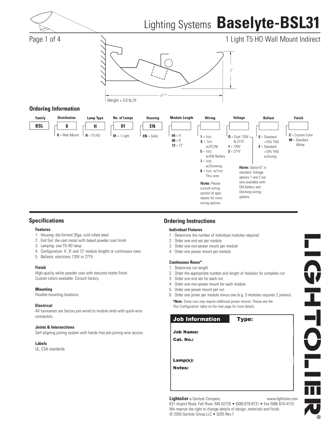 Lightolier Baselyte-BSL31 specifications Specifications, Ordering Instructions 