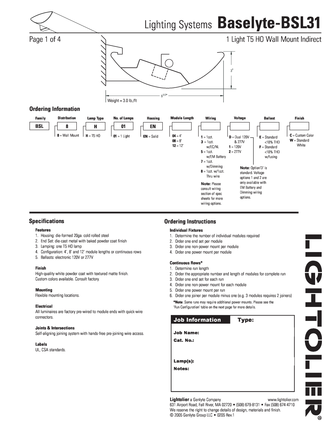 Lightolier specifications Lighting Systems Baselyte-BSL31, Page  of, Specifications, Ordering Instructions, Type 