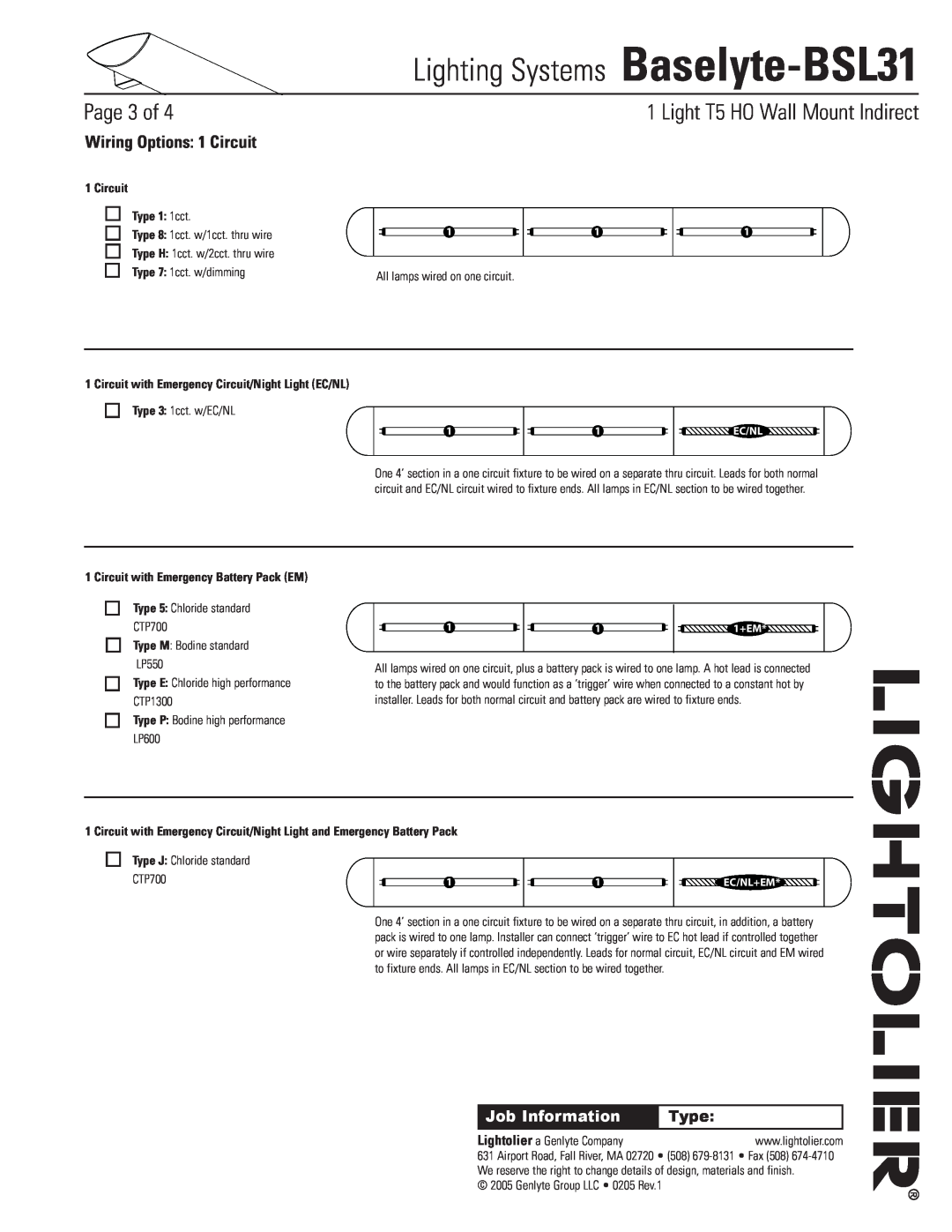 Lightolier Baselyte-BSL31 Wiring Options 1 Circuit, Circuit Type 1 1cct, Circuit with Emergency Battery Pack EM, Page of 