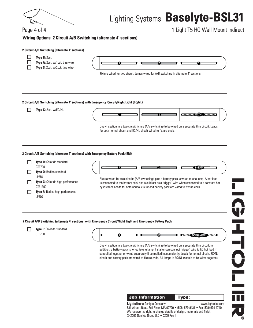 Lightolier Baselyte-BSL31 Circuit A/B Switching alternate 4’ sections, Type B 2cct, Type O Bodine standard LP550, Page of 